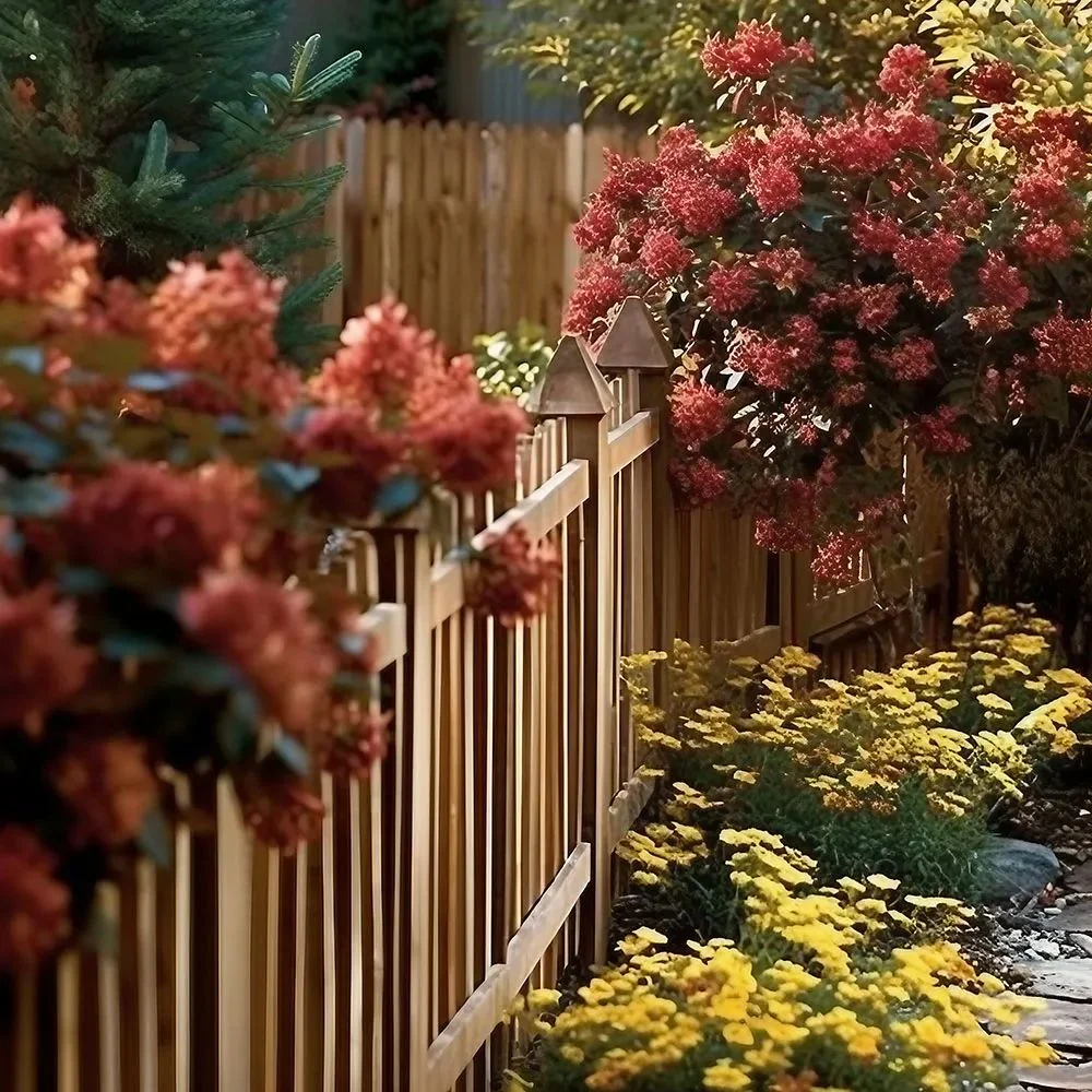 Wooden picket fence bordering a flowering garden with shrubs and seasonal plants