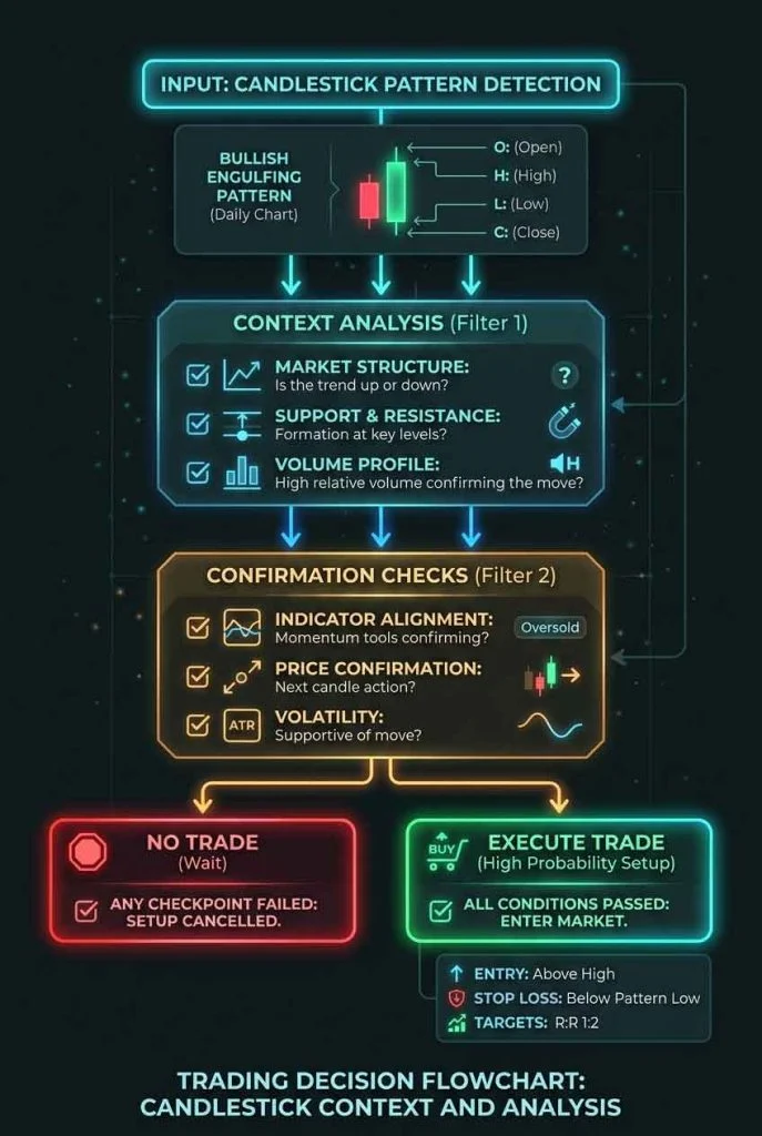 candlestick decision flow showing pattern context confirmation and outcome