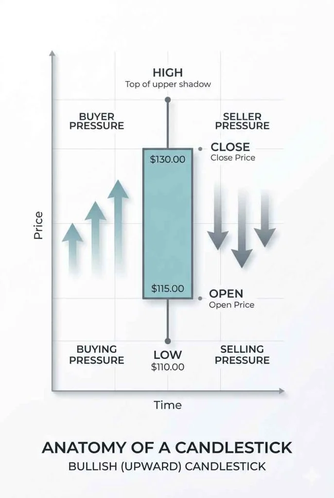 candlestick structure showing open high low close with buyer seller pressure