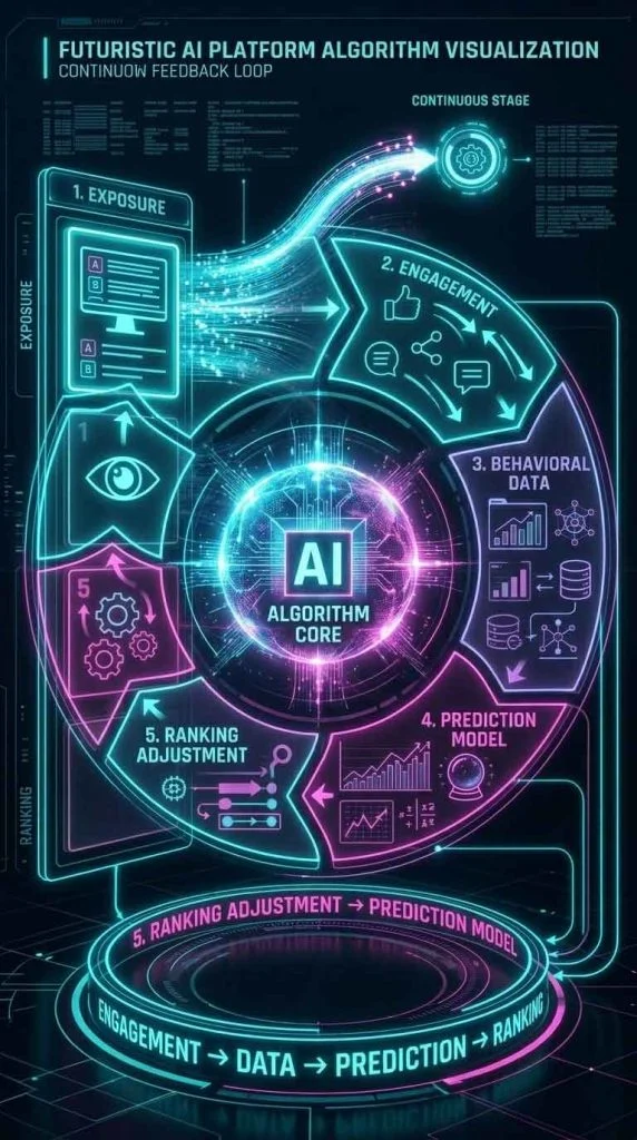 AI ranking system feedback loop showing exposure engagement data prediction and ranking cycle