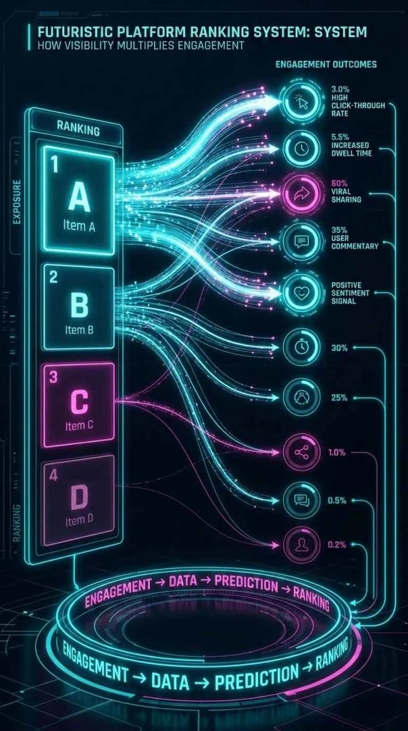 platform ranking system showing how visibility multiplies engagement through exposure and algorithm feedback
