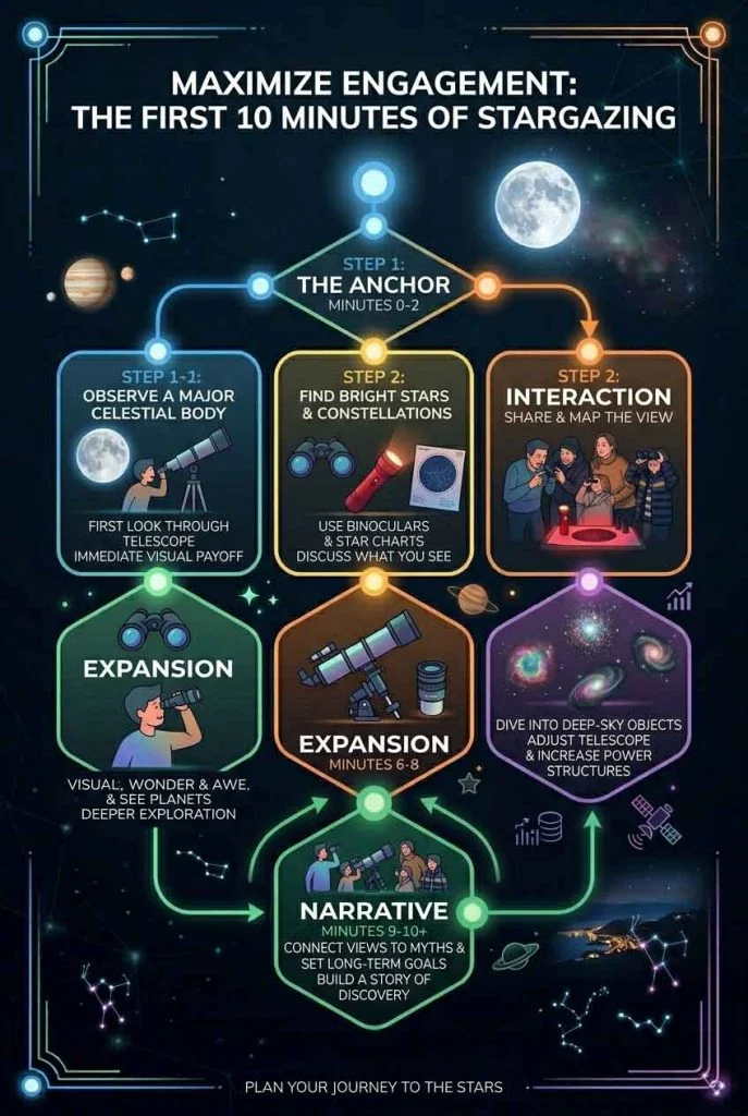 diagram showing 10 minute stargazing system steps anchor interaction expansion narrative