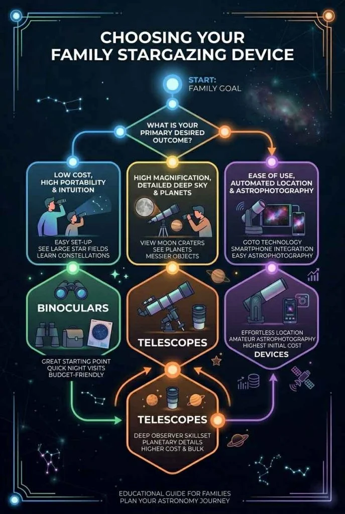 flowchart showing binoculars telescope and smart device selection for beginners