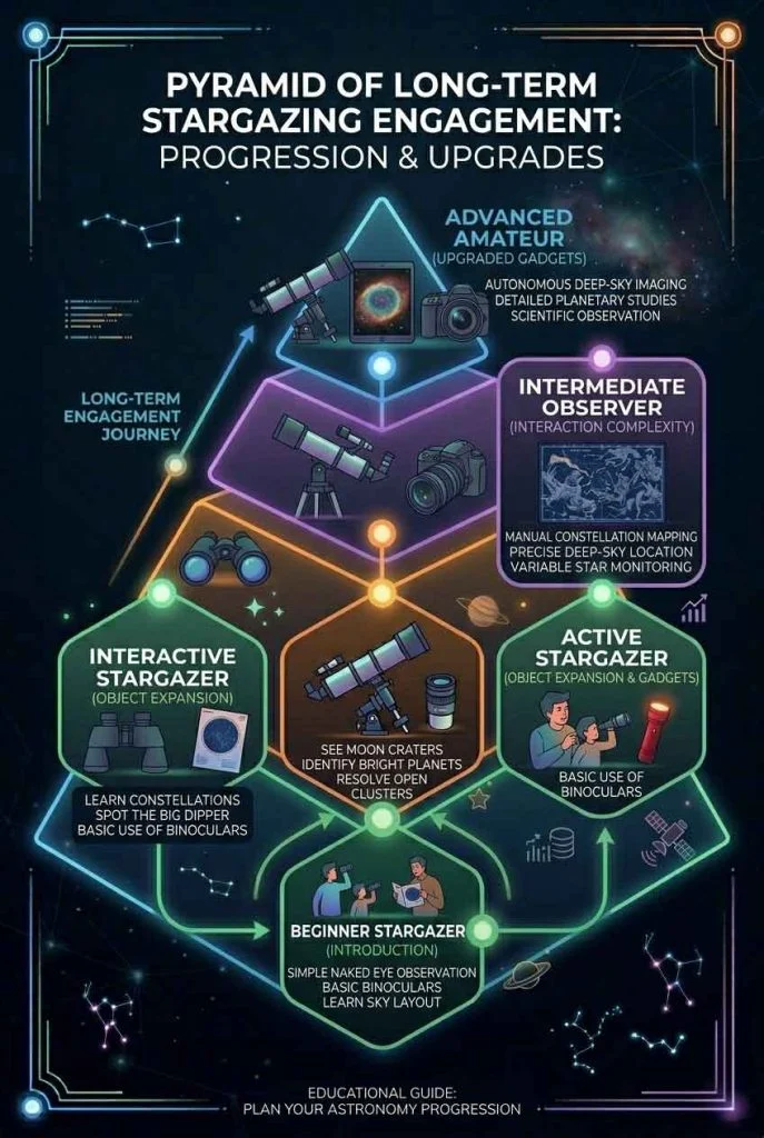 diagram showing progression from beginner to advanced stargazing system