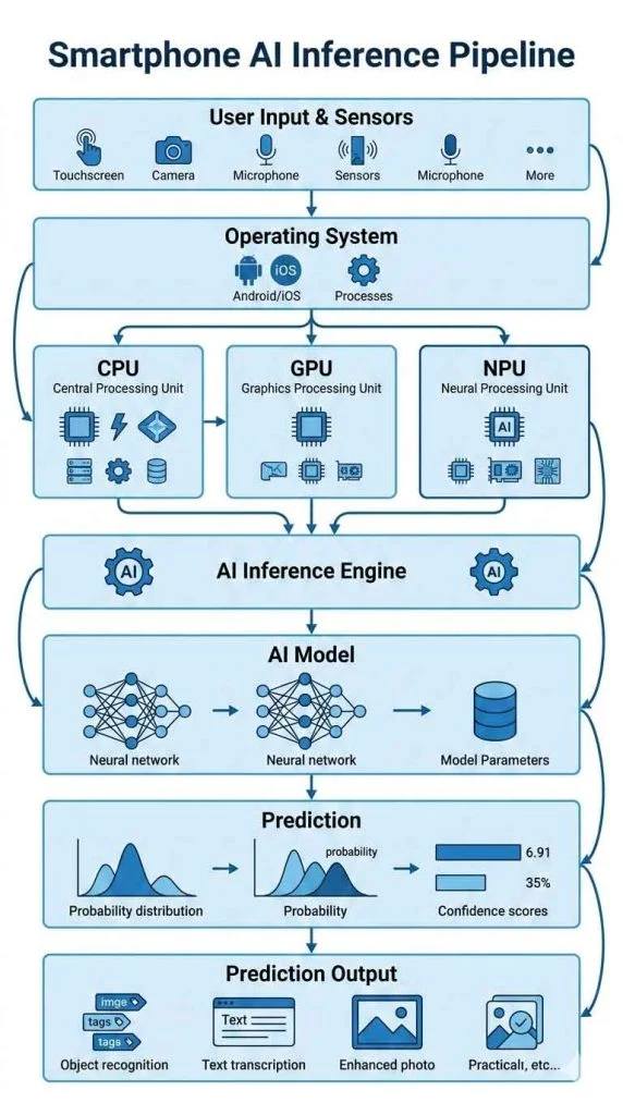 Smartphone AI inference pipeline showing CPU GPU NPU and on-device machine learning execution