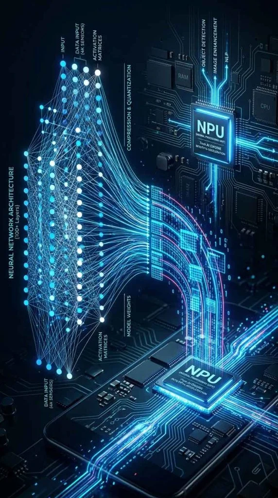 Diagram showing compressed neural language model running on smartphone NPU