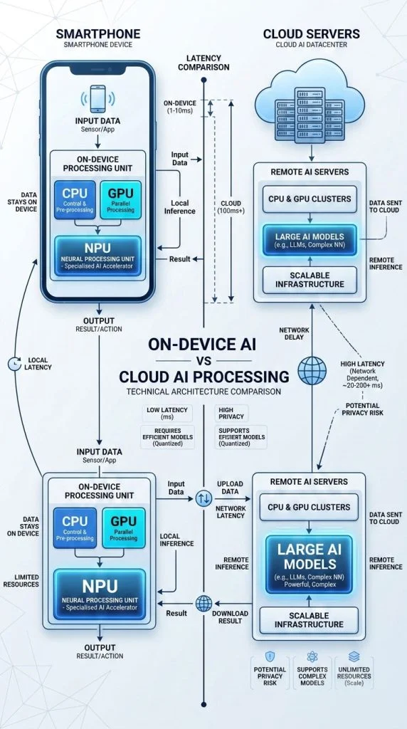 On-device AI vs cloud AI architecture comparison showing smartphone inference pipeline and remote cloud processing