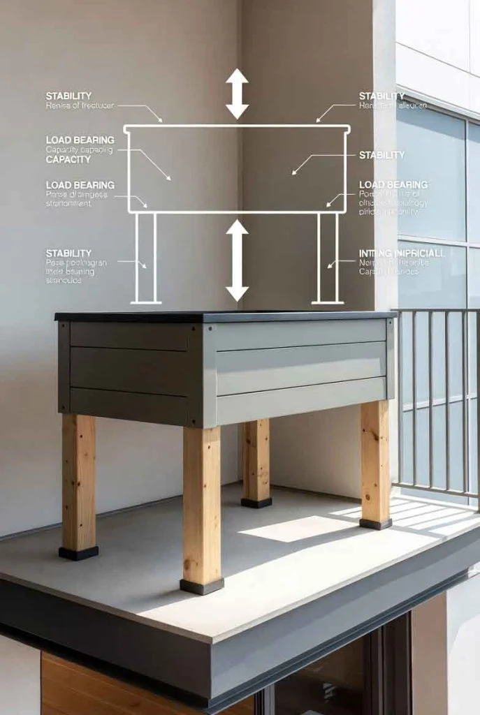 Raised garden bed with legs placed safely on balcony with weight distribution