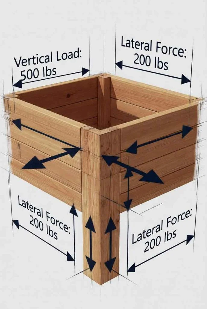 Raised garden bed with legs showing cross-bracing and load distribution