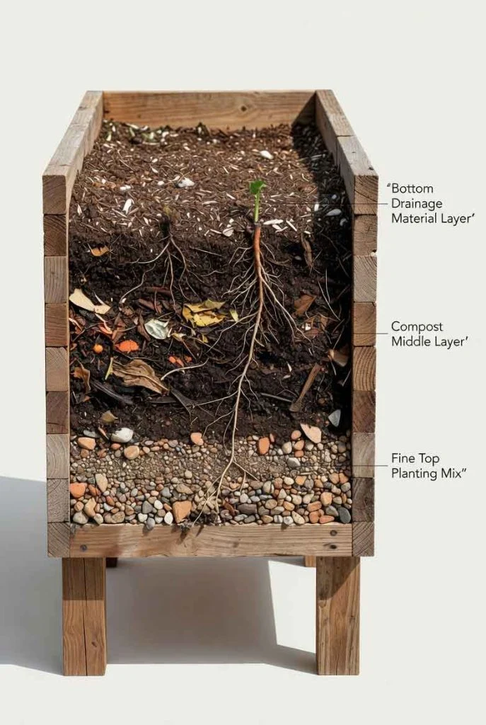 Cross-section of raised garden bed showing soil layering system