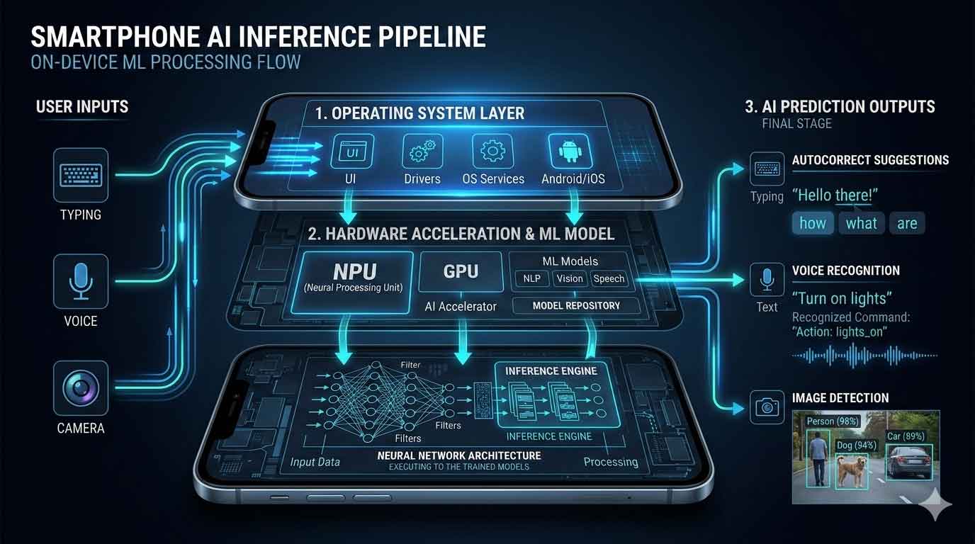 AI Inference Pipeline Inside Modern Smartphones diagram showing smartphone AI inference pipeline from user input to neural processor to prediction output