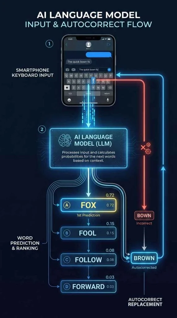 diagram showing how smartphone autocorrect predicts and replaces words using AI language models