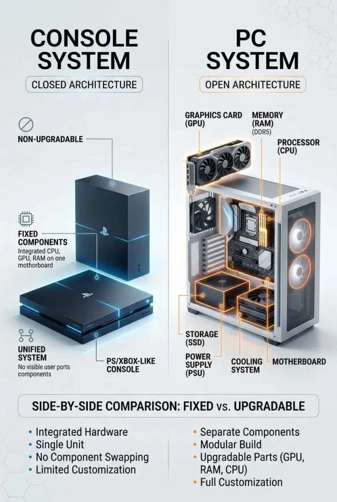 Console fixed system vs PC modular architecture comparison