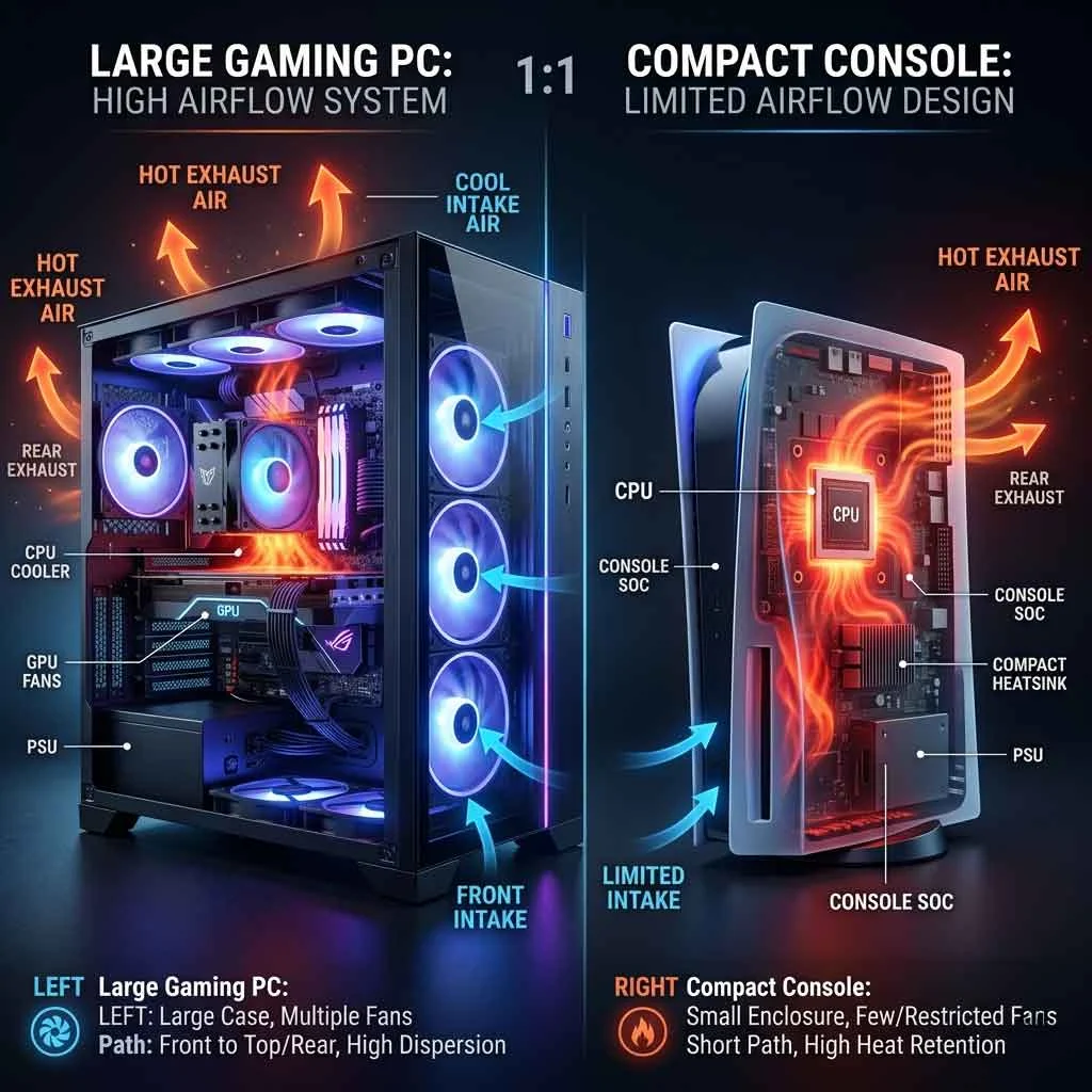 Gaming PC cooling vs console compact design heat comparison