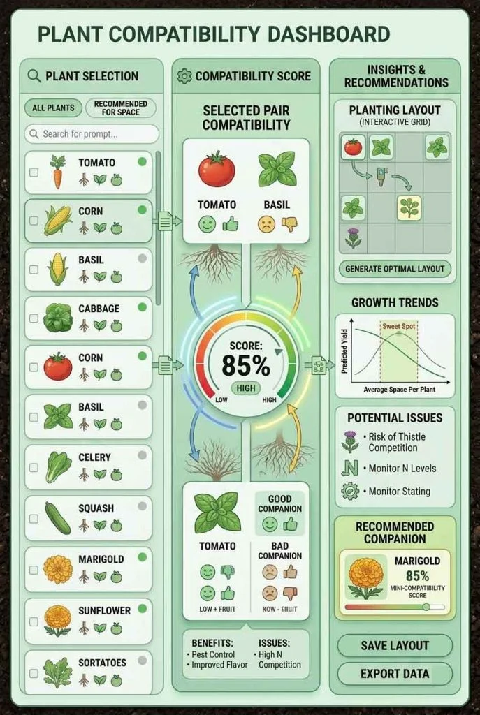 plant compatibility tool dashboard showing selection and results