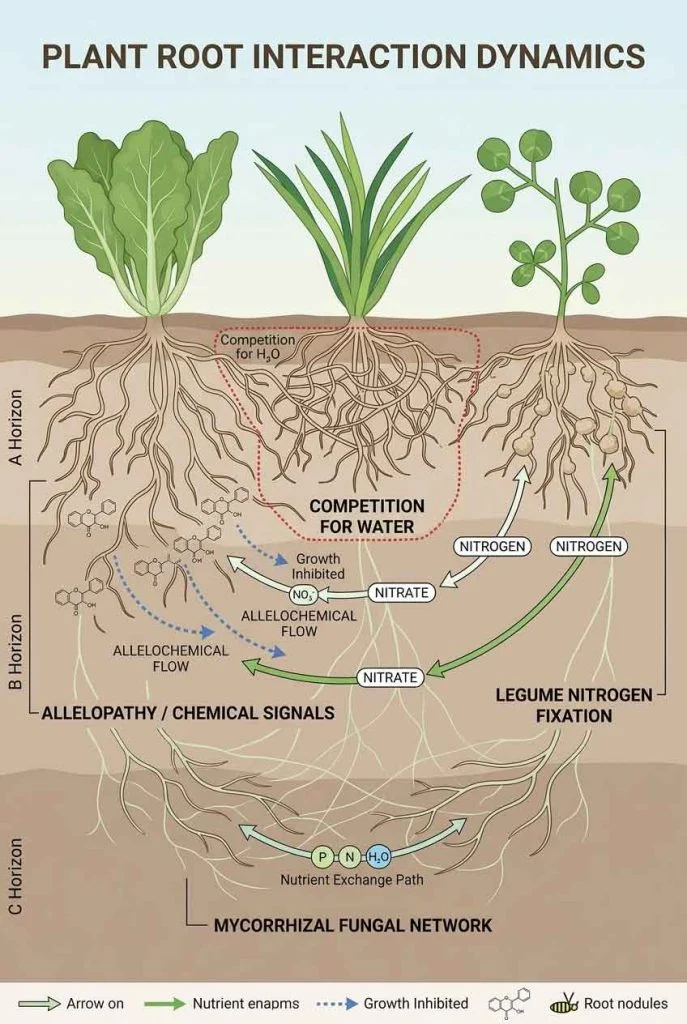 diagram showing plant interaction including root competition and chemical signaling