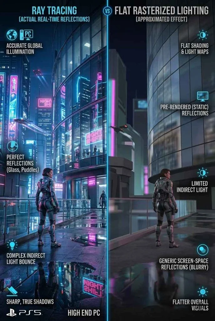Ray tracing vs traditional rendering lighting comparison