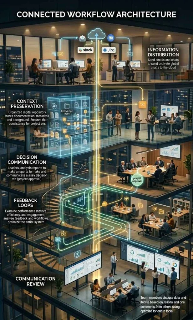 Core components of an AI workplace communication system including information distribution, context preservation, decision communication, feedback loops, and communication review