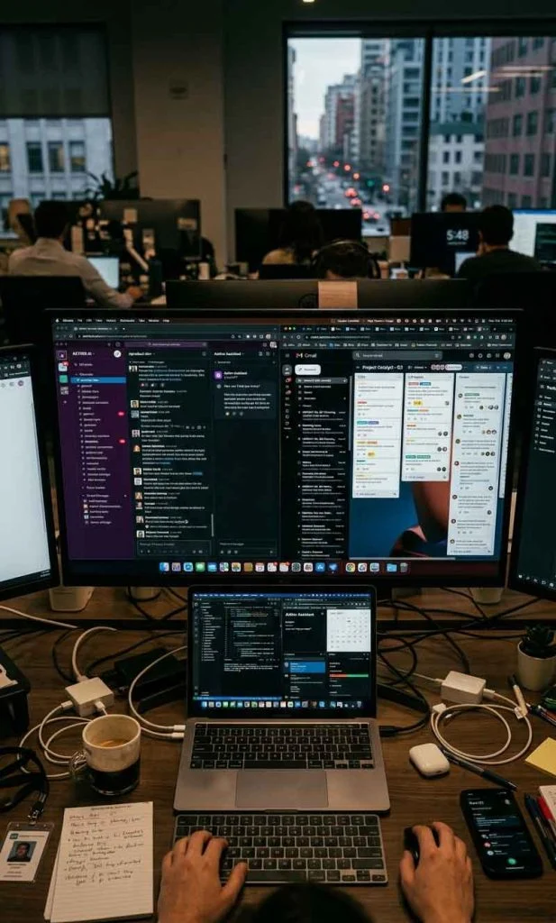 AI workflow context switching between emails, AI chats, project boards, and notifications