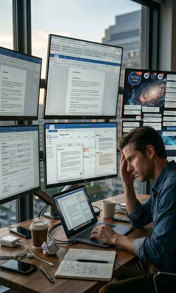 Fragmented AI productivity workflow showing excessive tabs, notifications, and operational context switching