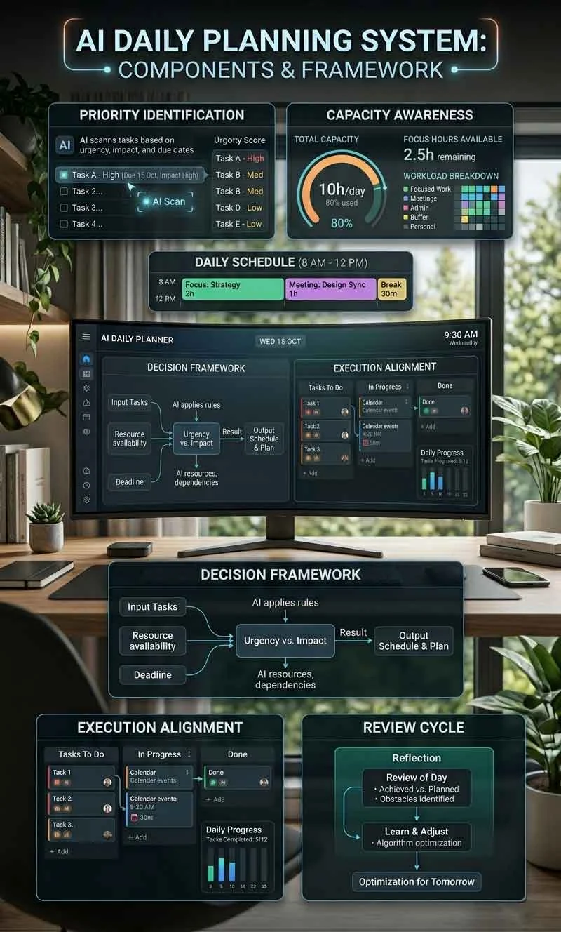 AI daily planning components showing priority identification, capacity awareness, decision frameworks, execution alignment, and review