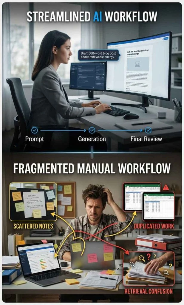 AI productivity illusion showing fast output generation but fragmented workflow organization