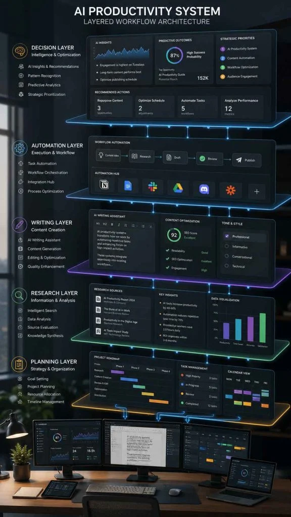 AI productivity workflow layers showing planning, research, writing, decision-making, and automation systems