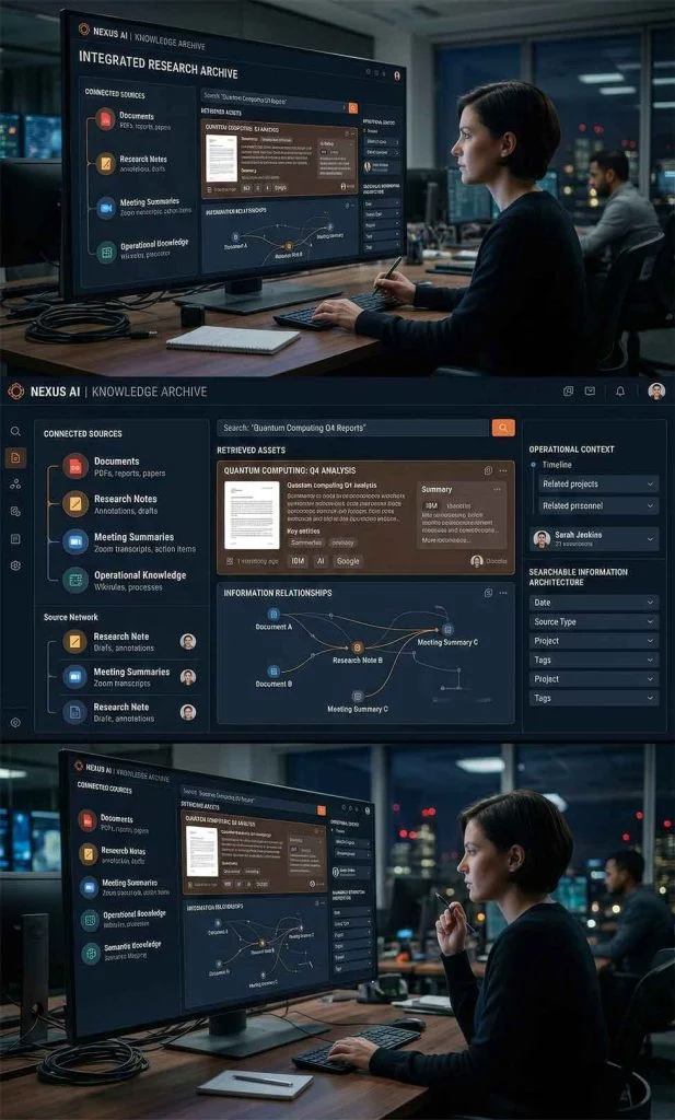 AI retrieval system organizing documents, research, notes, and operational knowledge