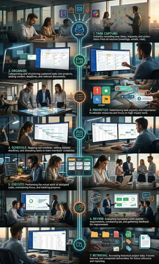 AI task management workflow stages showing capture, organization, prioritization, scheduling, execution, and review