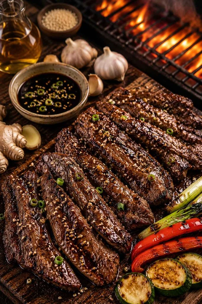 Asian sesame marinated beef strips beside smoky barbecue grill