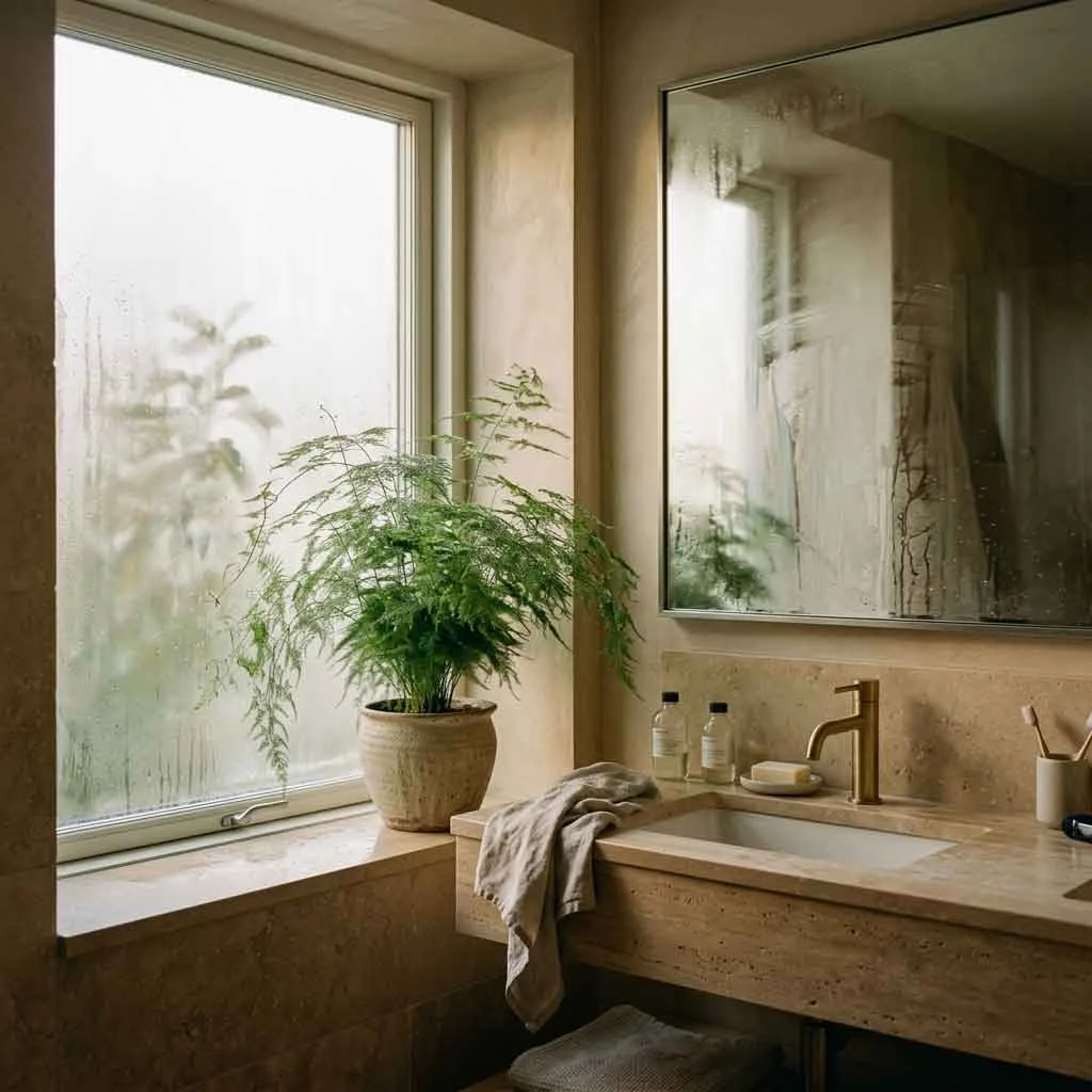 asparagus fern inside a humid modern bathroom near frosted window