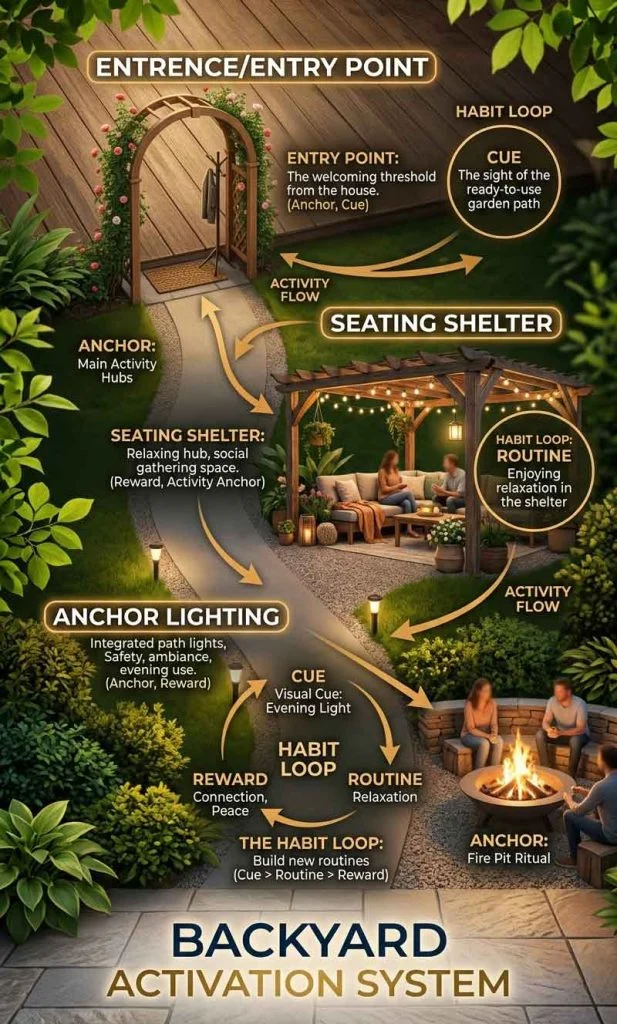 Diagram showing full backyard activation system including entry, shelter, anchor, flow, and habit