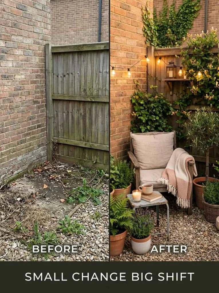 Backyard corner before and after transformation into seating nook