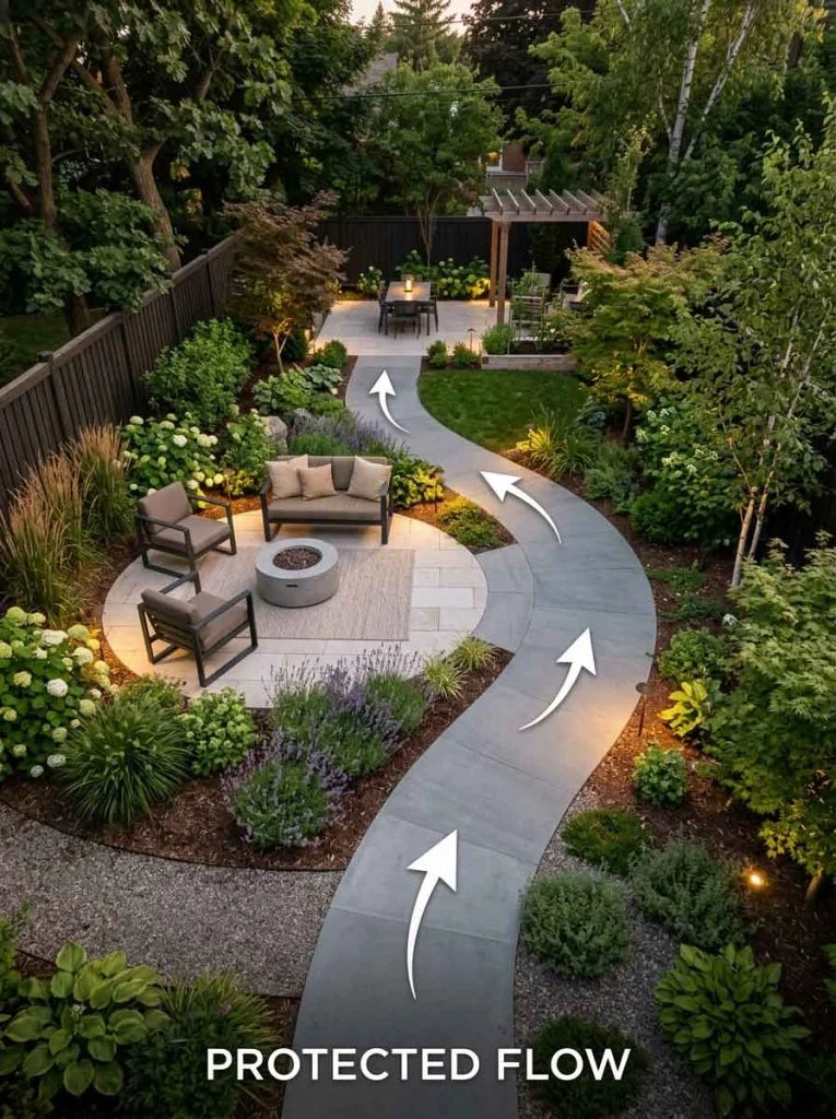 Backyard with clear zoning and movement paths avoiding seating areas