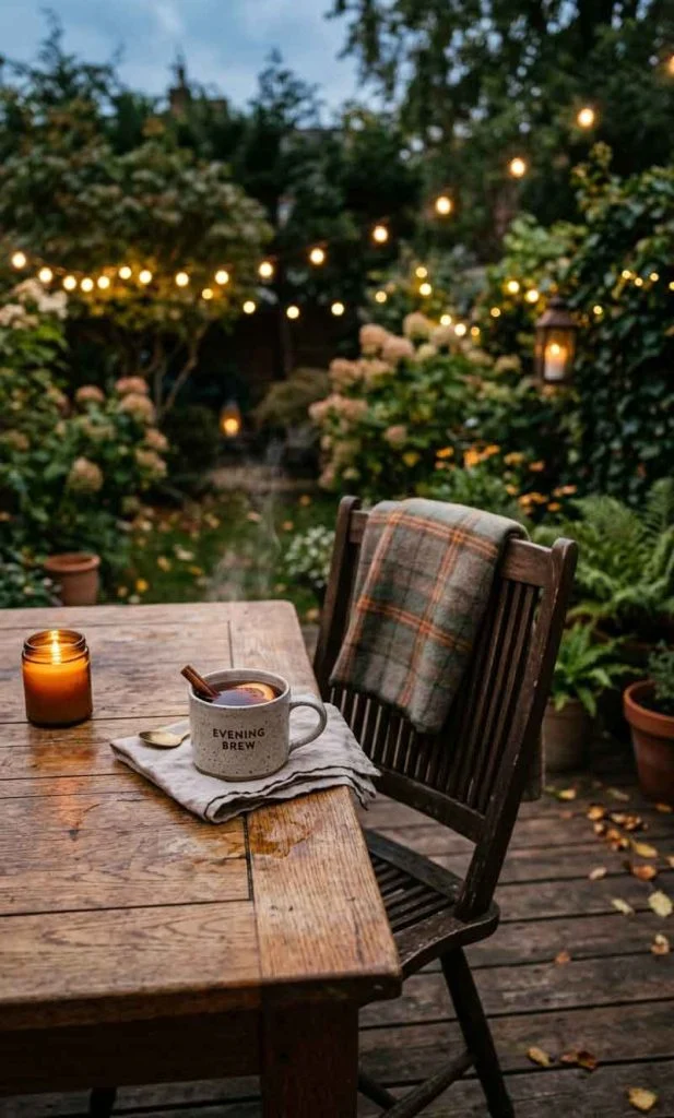 Warm drink on an outdoor table showing repeated evening backyard use