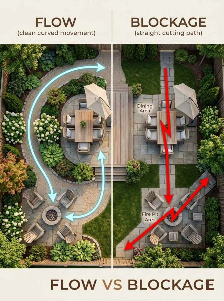 Diagram showing smooth backyard movement flow versus blocked layout