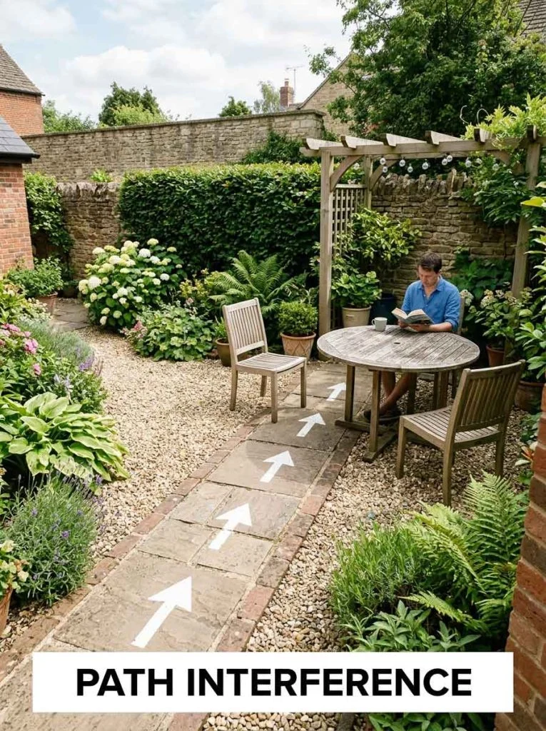 Backyard seating area disrupted by a walkway passing through it