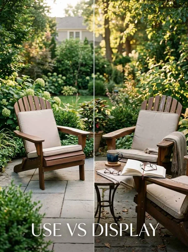 Comparison between a used backyard seating setup and an empty decorative setup