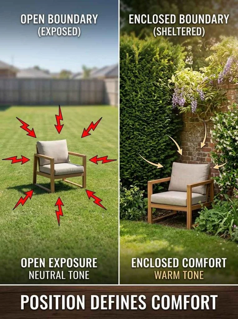 Comparison of seating placed in open space versus near hedge enclosure