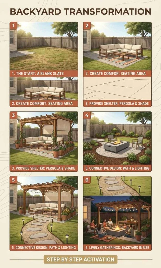 Step-by-step backyard transformation showing progression from unused to active