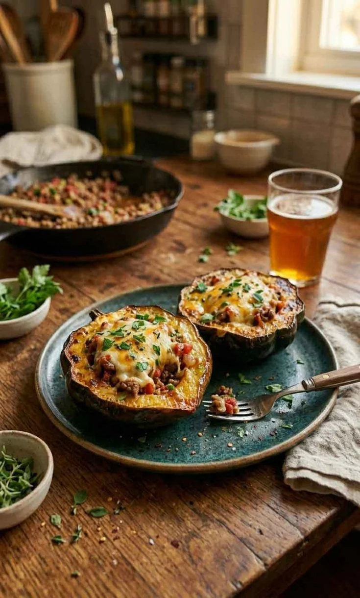 Baked stuffed acorn squash served with beef and tomato filling