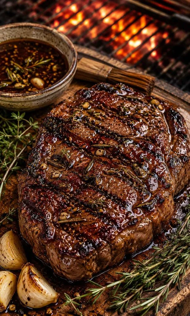 Balsamic herb marinated steak beside smoky barbecue grill