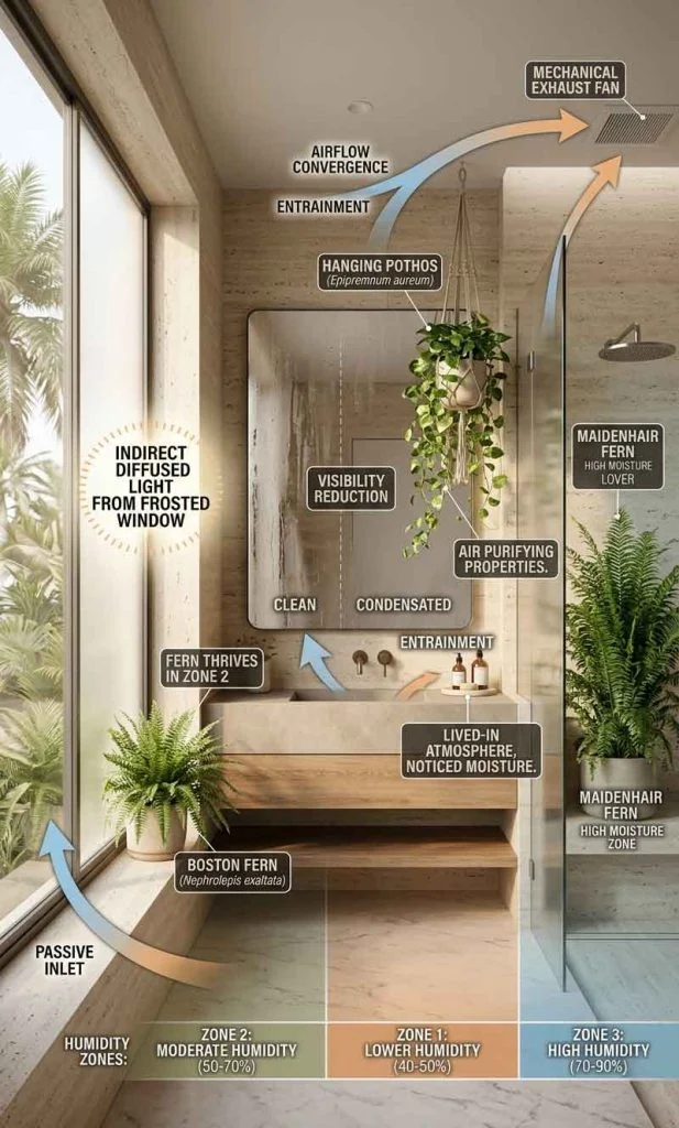 bathroom airflow and humidity zones for indoor plant placement