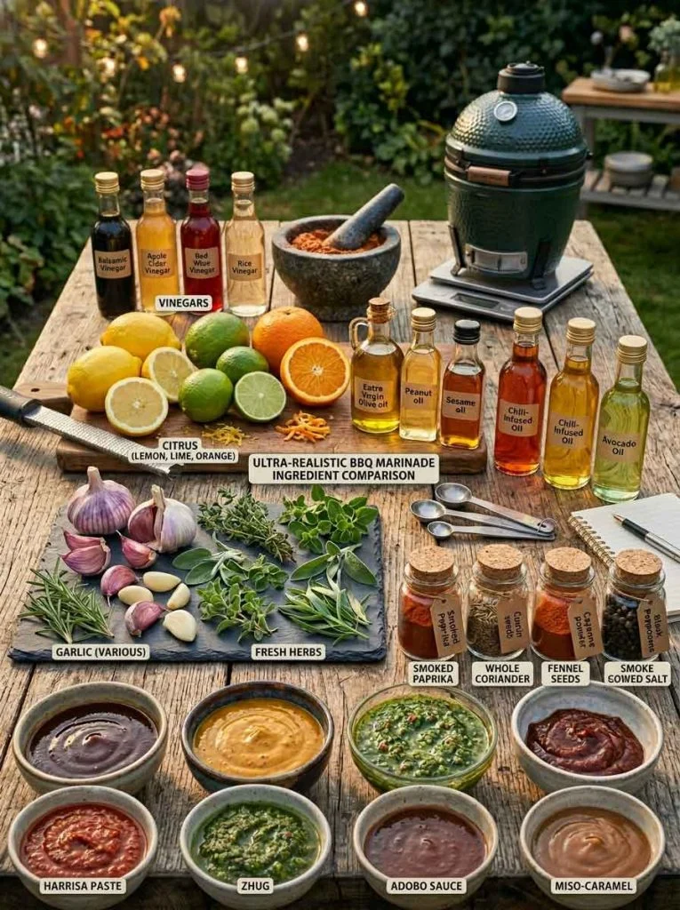 Different marinade ingredients arranged for BBQ cooking comparison