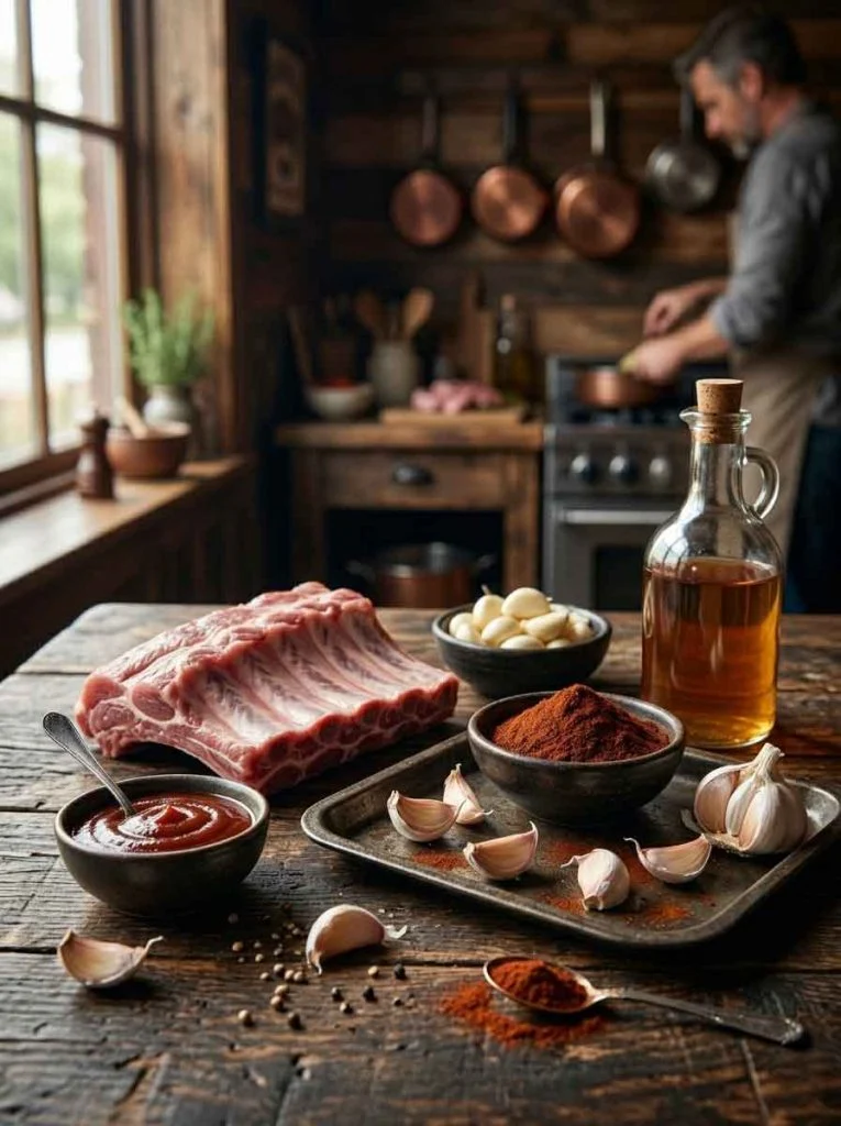 Ingredients for homemade BBQ ribs marinade arranged on kitchen table