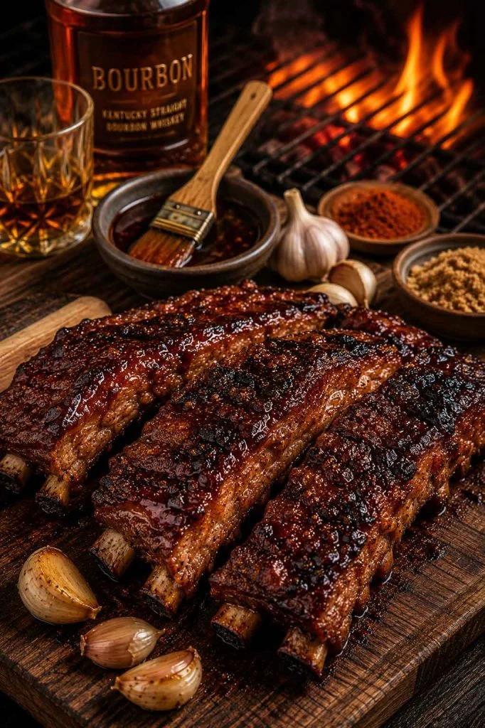Bourbon barbecue pork ribs with smoky caramelized glaze beside grill fire