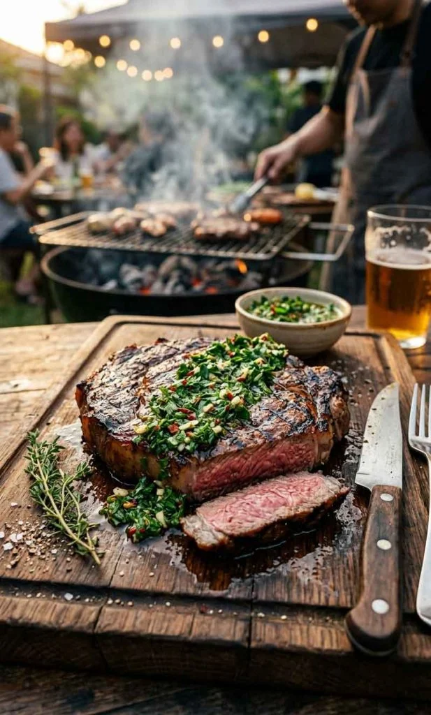 Grilled steak topped with fresh chimichurri herb marinade