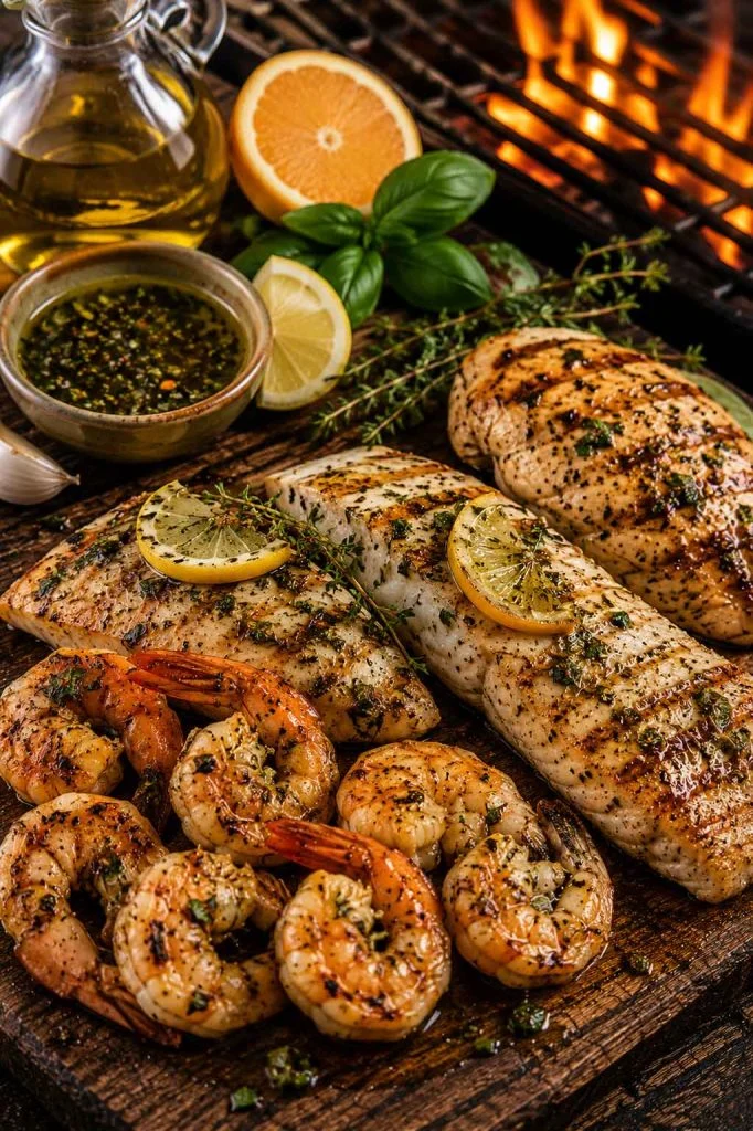 Citrus herb marinated shrimp and fish beside smoky barbecue grill