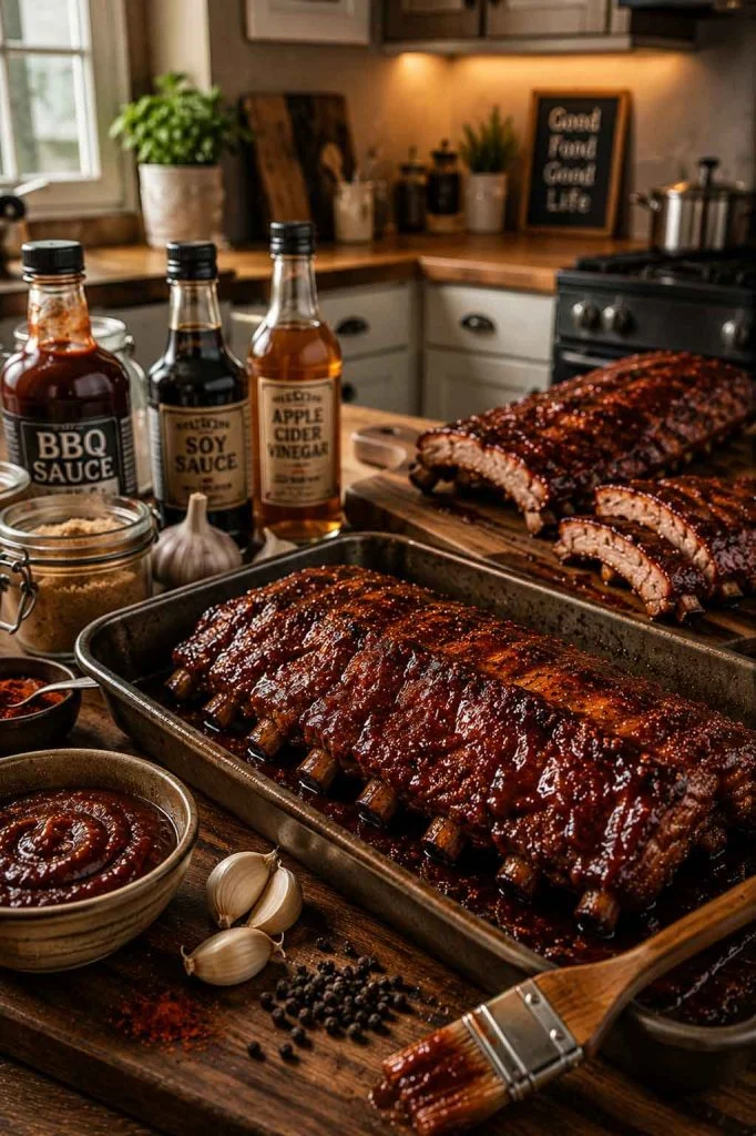 Classic barbecue pork ribs marinade inside warm home kitchen interior