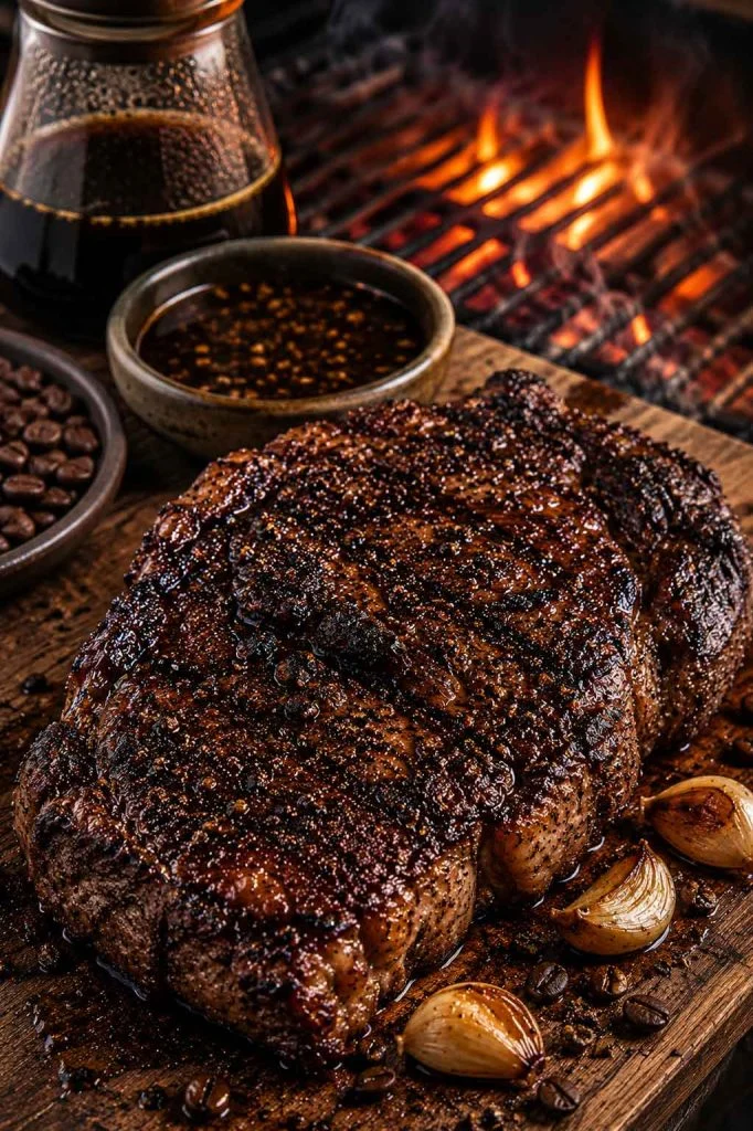 Coffee marinated steak with dark smoky barbecue crust beside grill fire